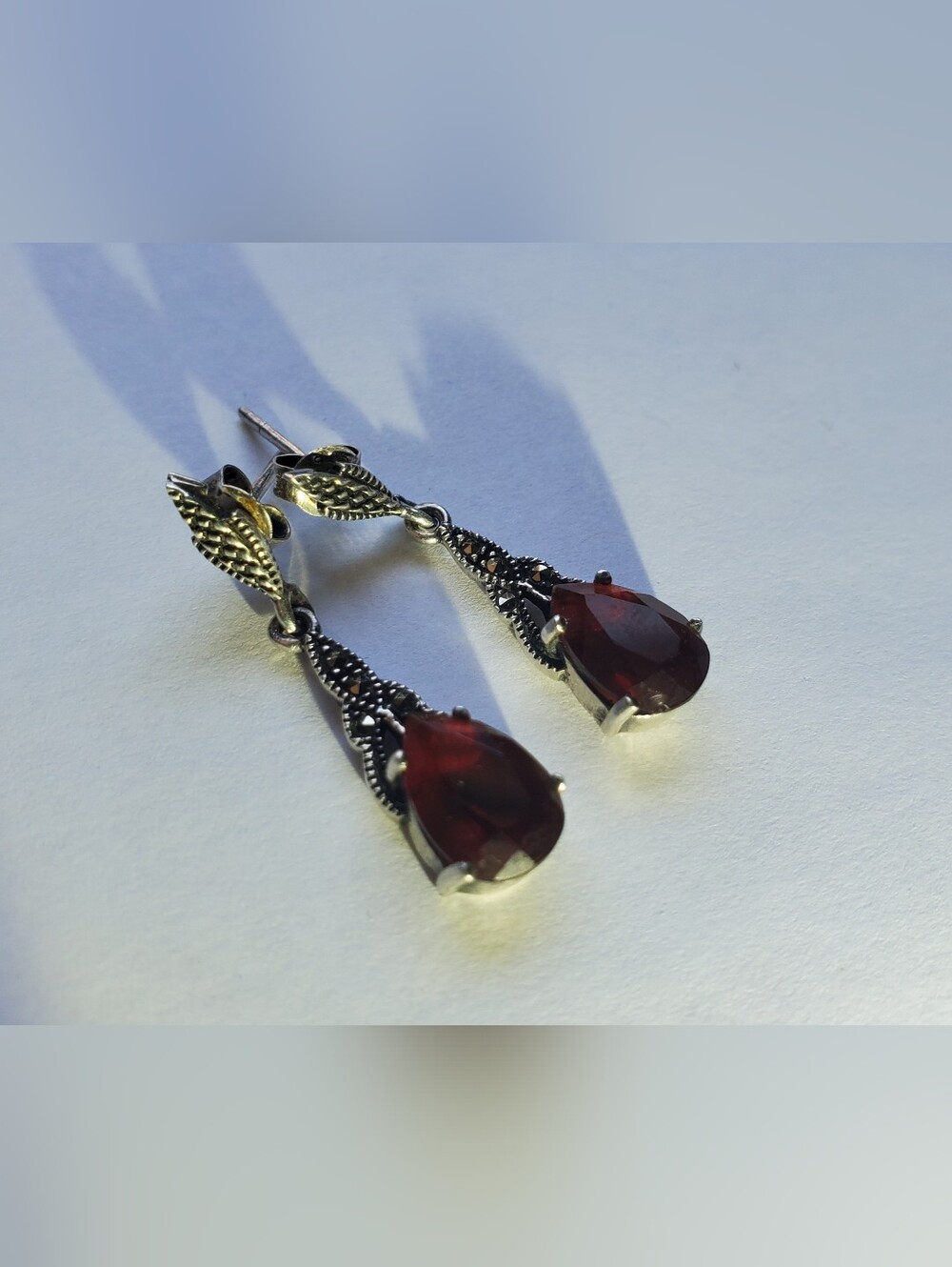Silver, Garnet & Marcasite Drop Earrings